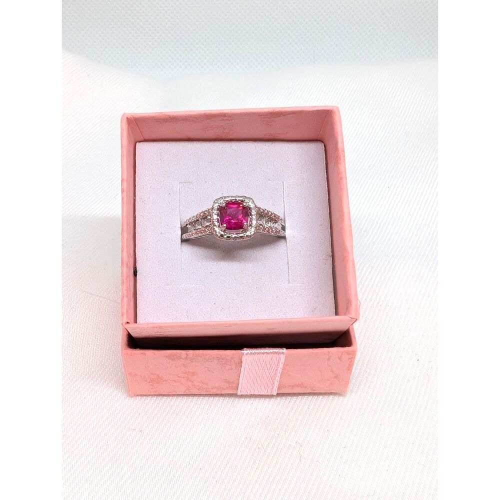 Lab Created Cushion Cut Lab Ruby Ring 925 Sterling Silver